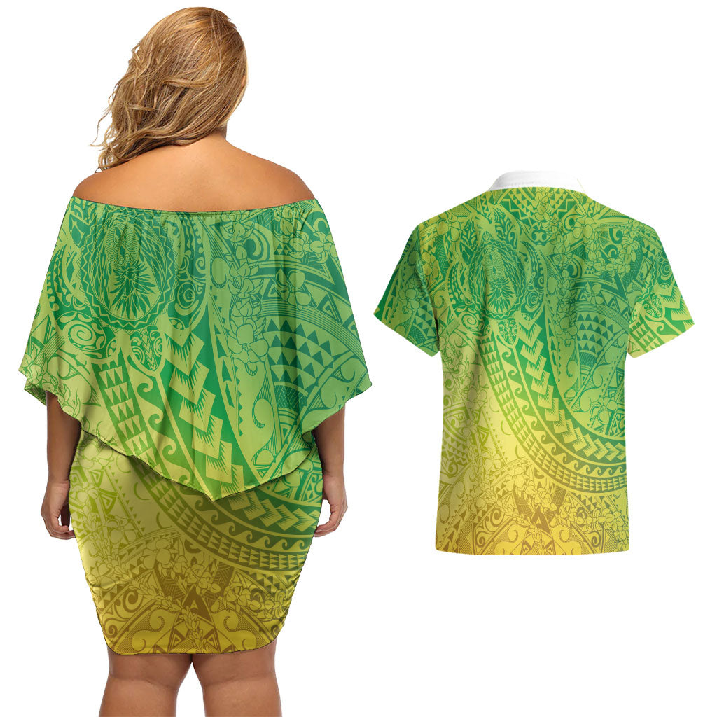 Hawaiian Turtles and Leis Couples Matching Off Shoulder Short Dress and Hawaiian Shirt Tribal Kakau Pattern Fresh Summer Vibe LT03 - Polynesian Pride
