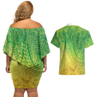Hawaiian Turtles and Leis Couples Matching Off Shoulder Short Dress and Hawaiian Shirt Tribal Kakau Pattern Fresh Summer Vibe LT03 - Polynesian Pride