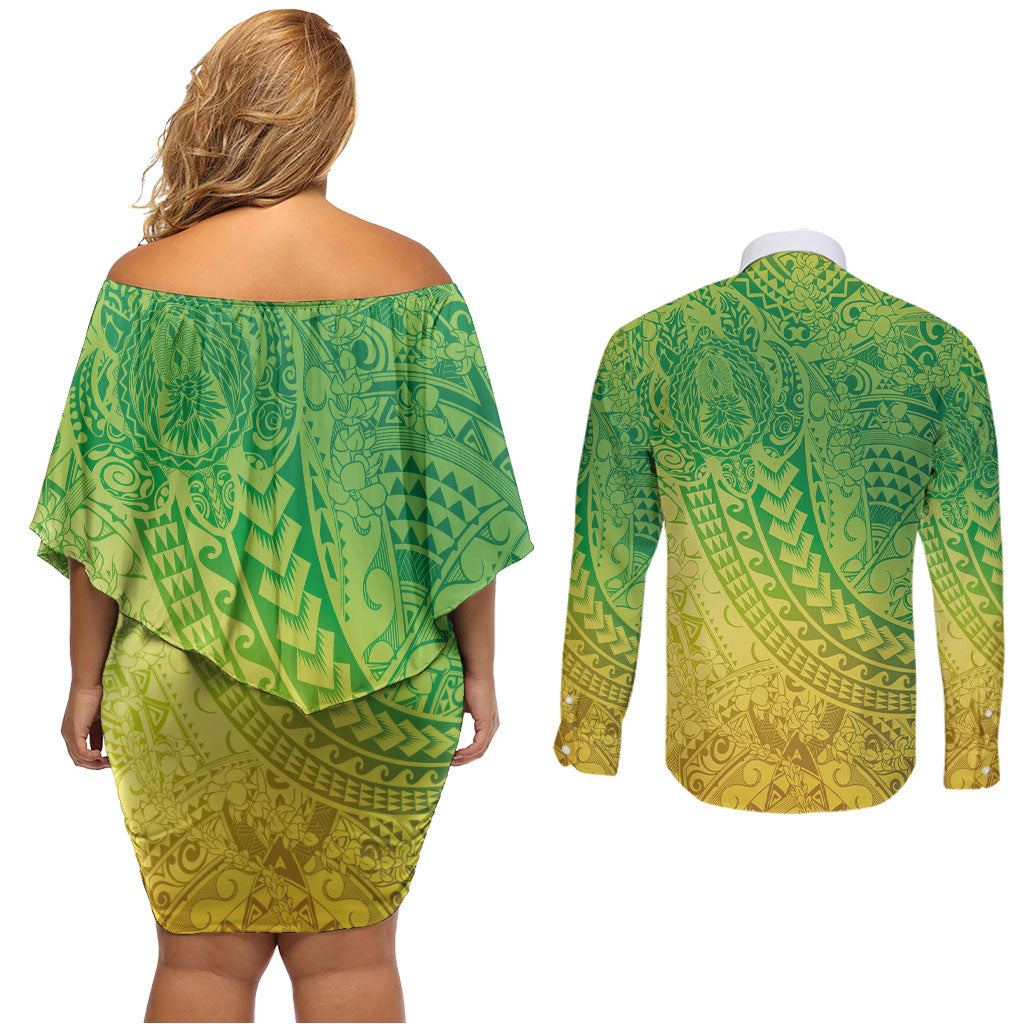 Hawaiian Turtles and Leis Couples Matching Off Shoulder Short Dress and Long Sleeve Button Shirt Tribal Kakau Pattern Fresh Summer Vibe LT03 - Polynesian Pride