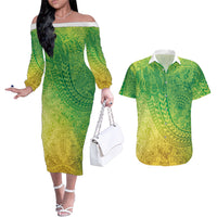 Hawaiian Turtles and Leis Couples Matching Off The Shoulder Long Sleeve Dress and Hawaiian Shirt Tribal Kakau Pattern Fresh Summer Vibe LT03 Green - Polynesian Pride