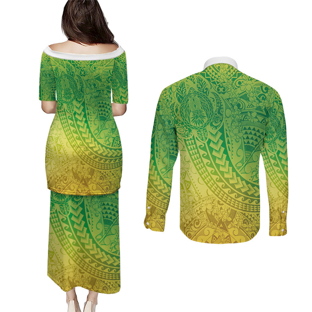 Hawaiian Turtles and Leis Couples Matching Puletasi and Long Sleeve Button Shirt Tribal Kakau Pattern Fresh Summer Vibe LT03 - Polynesian Pride