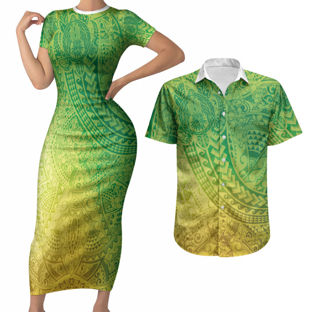 Hawaiian Turtles and Leis Couples Matching Short Sleeve Bodycon Dress and Hawaiian Shirt Tribal Kakau Pattern Fresh Summer Vibe LT03 Green - Polynesian Pride