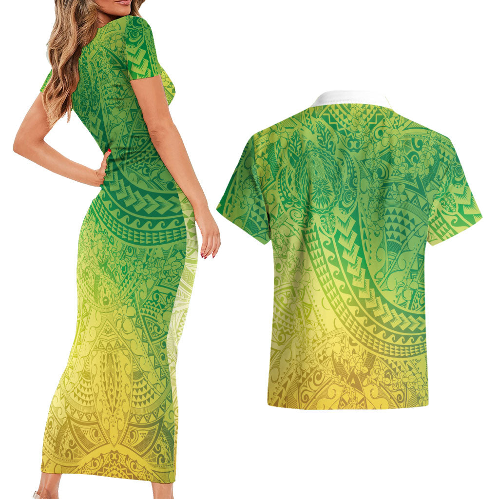 Hawaiian Turtles and Leis Couples Matching Short Sleeve Bodycon Dress and Hawaiian Shirt Tribal Kakau Pattern Fresh Summer Vibe LT03 - Polynesian Pride