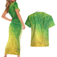 Hawaiian Turtles and Leis Couples Matching Short Sleeve Bodycon Dress and Hawaiian Shirt Tribal Kakau Pattern Fresh Summer Vibe LT03 - Polynesian Pride