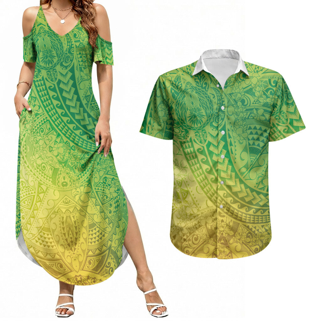 Hawaiian Turtles and Leis Couples Matching Summer Maxi Dress and Hawaiian Shirt Tribal Kakau Pattern Fresh Summer Vibe LT03 Green - Polynesian Pride