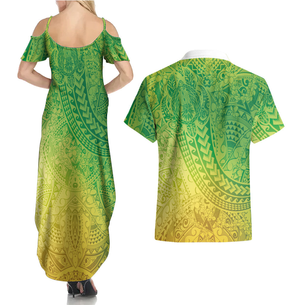 Hawaiian Turtles and Leis Couples Matching Summer Maxi Dress and Hawaiian Shirt Tribal Kakau Pattern Fresh Summer Vibe LT03 - Polynesian Pride