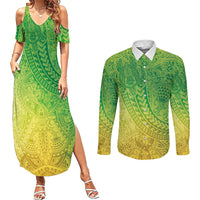 Hawaiian Turtles and Leis Couples Matching Summer Maxi Dress and Long Sleeve Button Shirt Tribal Kakau Pattern Fresh Summer Vibe LT03 Green - Polynesian Pride
