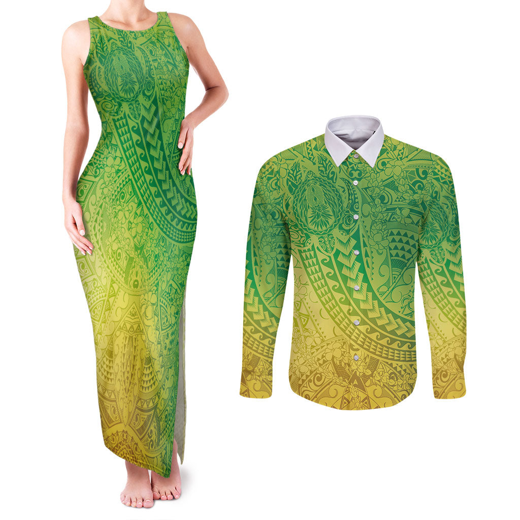 Hawaiian Turtles and Leis Couples Matching Tank Maxi Dress and Long Sleeve Button Shirt Tribal Kakau Pattern Fresh Summer Vibe LT03 Green - Polynesian Pride