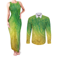 Hawaiian Turtles and Leis Couples Matching Tank Maxi Dress and Long Sleeve Button Shirt Tribal Kakau Pattern Fresh Summer Vibe LT03 Green - Polynesian Pride