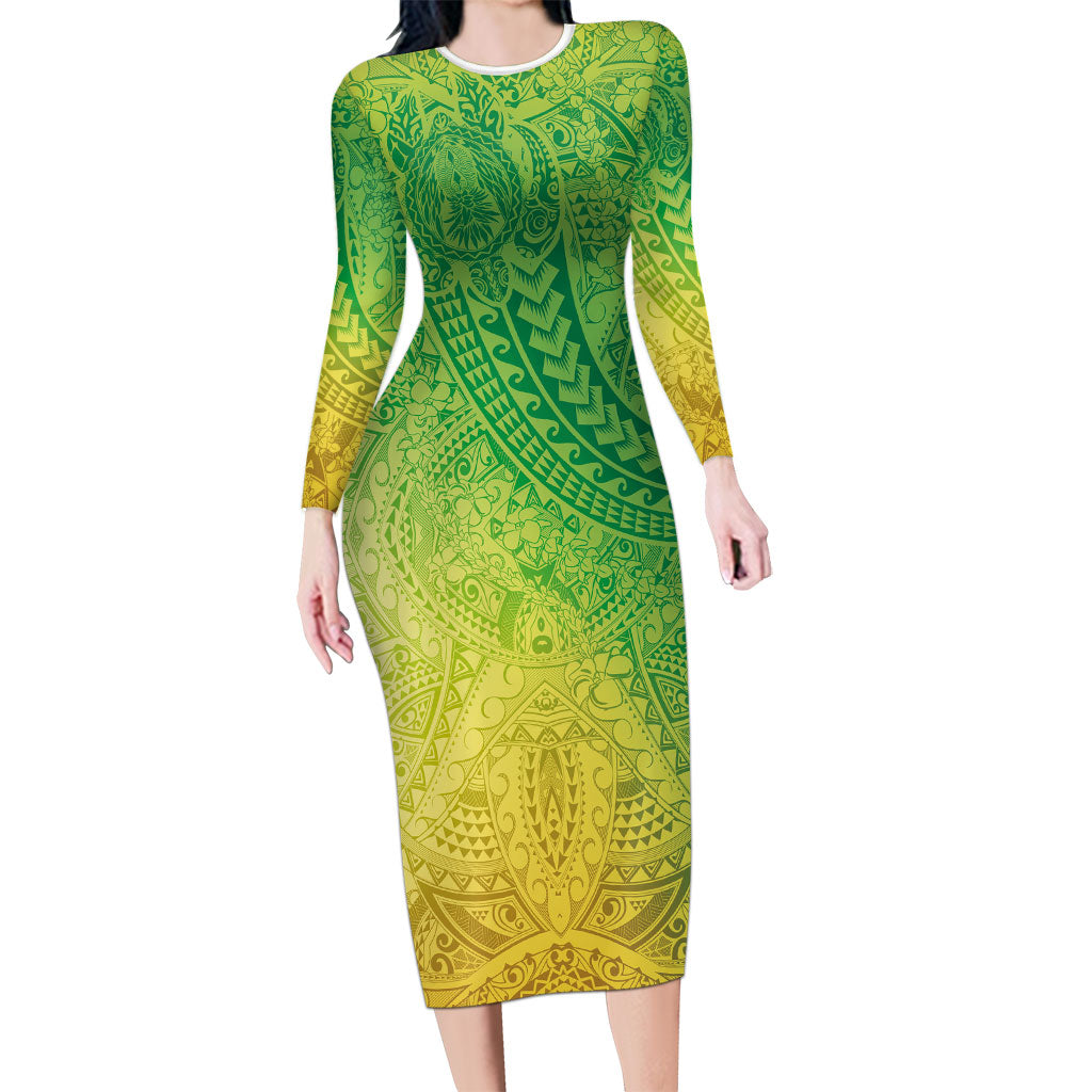 Hawaiian Turtles and Leis Family Matching Long Sleeve Bodycon Dress and Hawaiian Shirt Tribal Kakau Pattern Fresh Summer Vibe LT03 Mom's Dress Green - Polynesian Pride