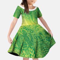 Hawaiian Turtles and Leis Family Matching Off The Shoulder Long Sleeve Dress and Hawaiian Shirt Tribal Kakau Pattern Fresh Summer Vibe LT03 Daughter's Dress Green - Polynesian Pride