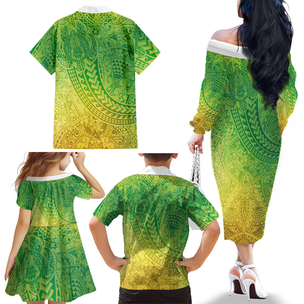 Hawaiian Turtles and Leis Family Matching Off The Shoulder Long Sleeve Dress and Hawaiian Shirt Tribal Kakau Pattern Fresh Summer Vibe LT03 - Polynesian Pride