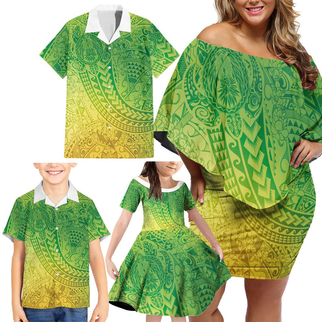 Hawaiian Turtles and Leis Family Matching Off Shoulder Short Dress and Hawaiian Shirt Tribal Kakau Pattern Fresh Summer Vibe LT03 - Polynesian Pride