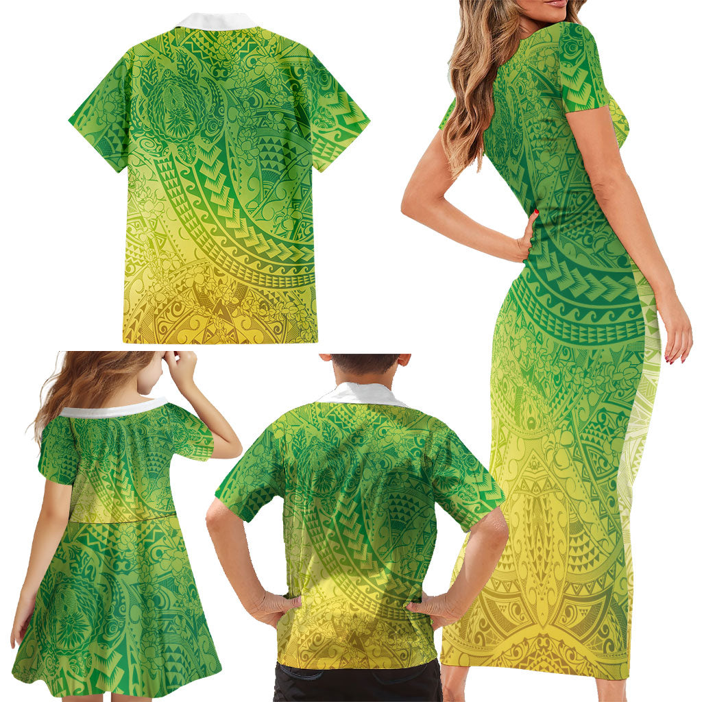 Hawaiian Turtles and Leis Family Matching Short Sleeve Bodycon Dress and Hawaiian Shirt Tribal Kakau Pattern Fresh Summer Vibe LT03 - Polynesian Pride
