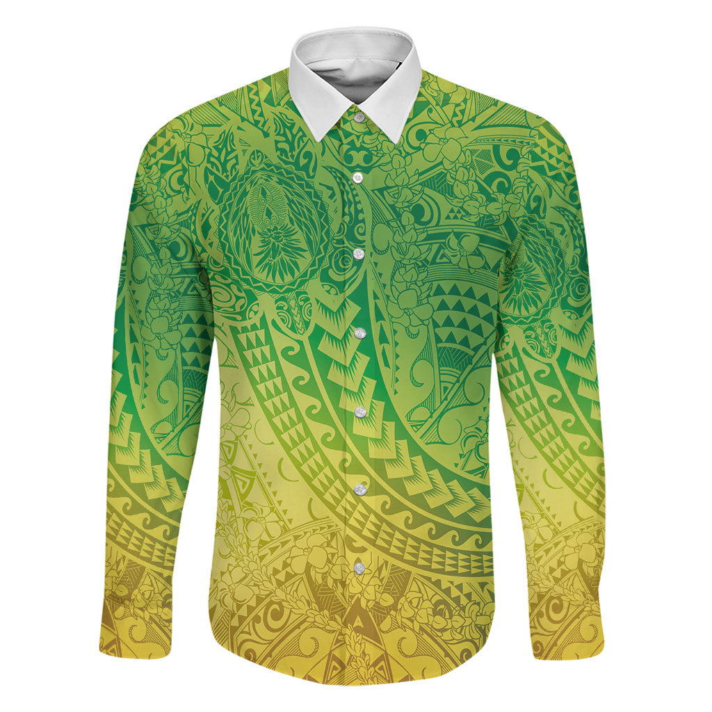 Hawaiian Turtles and Leis Family Matching Summer Maxi Dress and Hawaiian Shirt Tribal Kakau Pattern Fresh Summer Vibe LT03 Dad's Shirt - Long Sleeve Green - Polynesian Pride