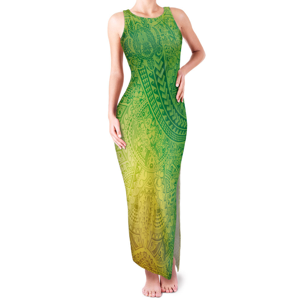 Hawaiian Turtles and Leis Family Matching Tank Maxi Dress and Hawaiian Shirt Tribal Kakau Pattern Fresh Summer Vibe LT03 Mom's Dress Green - Polynesian Pride