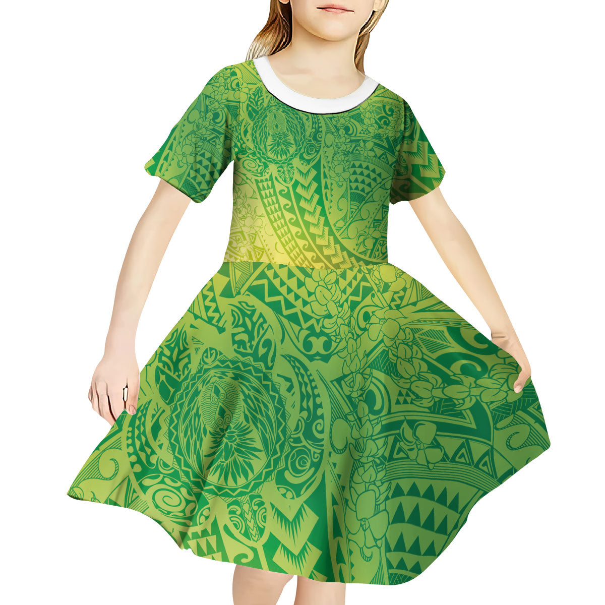 Hawaiian Turtles and Leis Kid Short Sleeve Dress Tribal Kakau Pattern Fresh Summer Vibe LT03 - Polynesian Pride