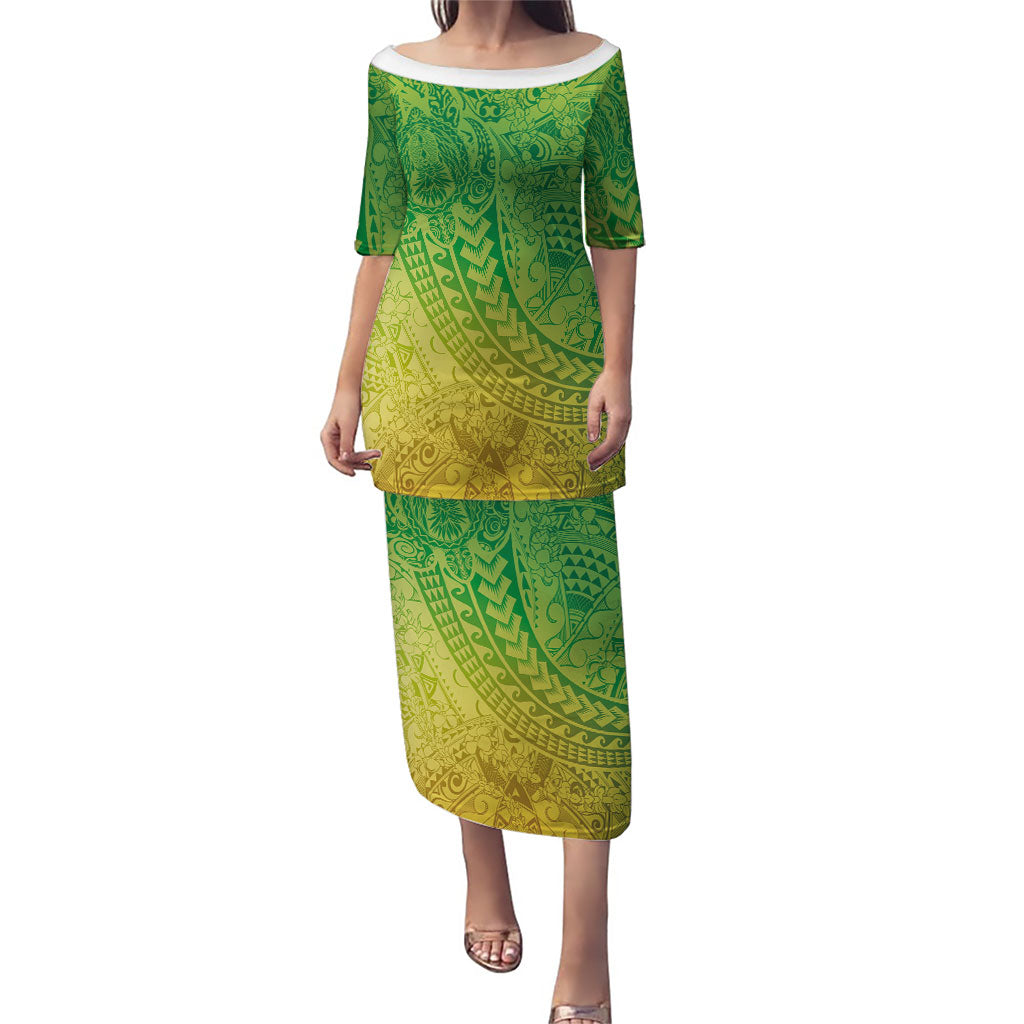 Hawaiian Turtles and Leis Puletasi Tribal Kakau Pattern Fresh Summer Vibe LT03 Long Dress Green - Polynesian Pride