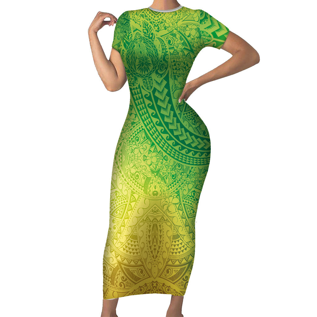 Hawaiian Turtles and Leis Short Sleeve Bodycon Dress Tribal Kakau Pattern Fresh Summer Vibe LT03 Long Dress Green - Polynesian Pride