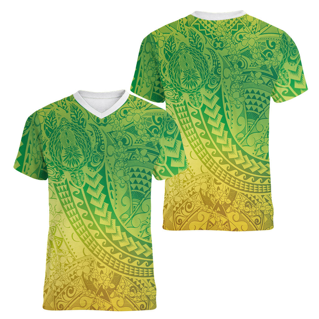Hawaiian Turtles and Leis Women V-Neck T-Shirt Tribal Kakau Pattern Fresh Summer Vibe LT03 - Polynesian Pride