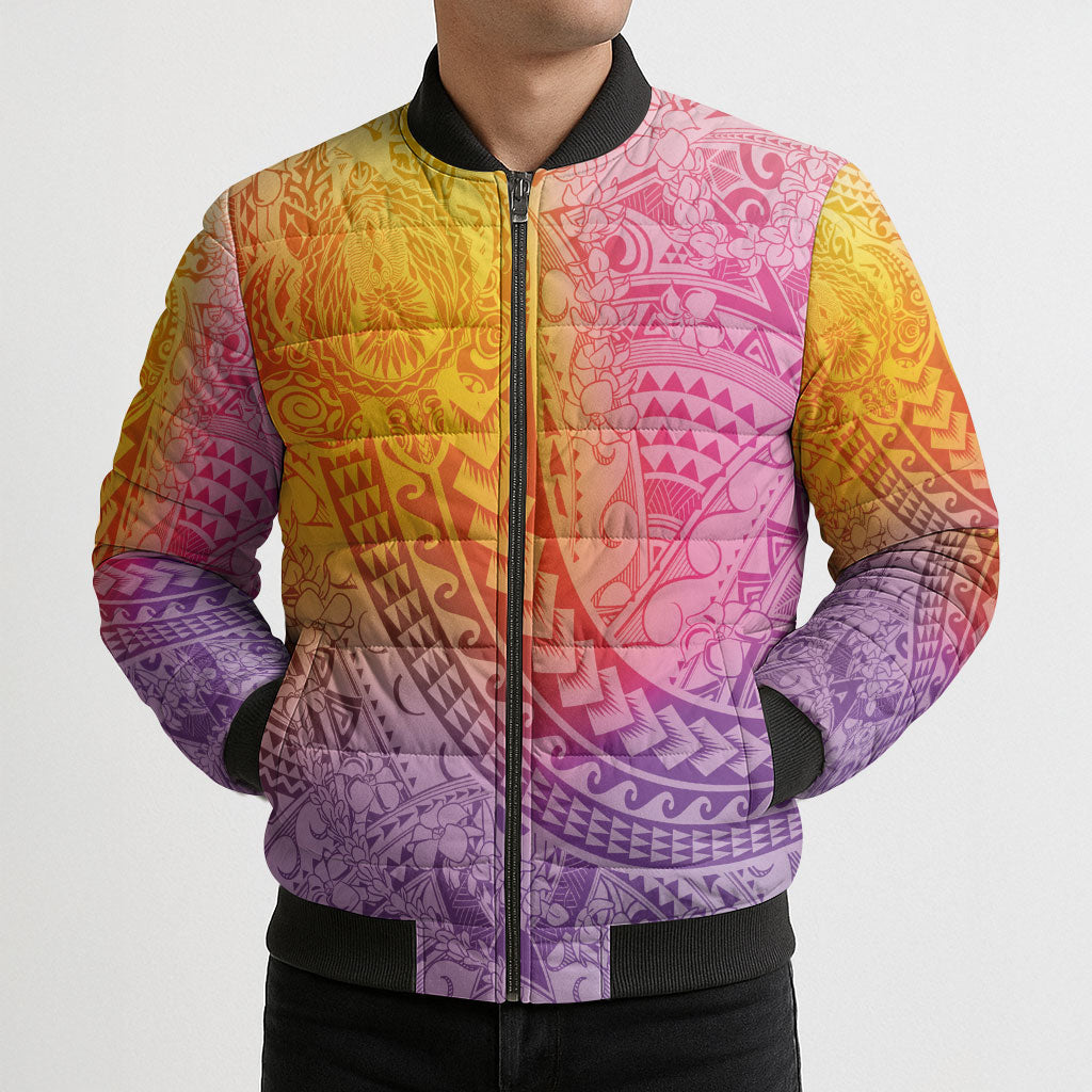 Hawaiian Turtles and Leis Bomber Puffer Jacket Tribal Kakau Pattern Magical Rainbow Sky LT03 - Polynesian Pride