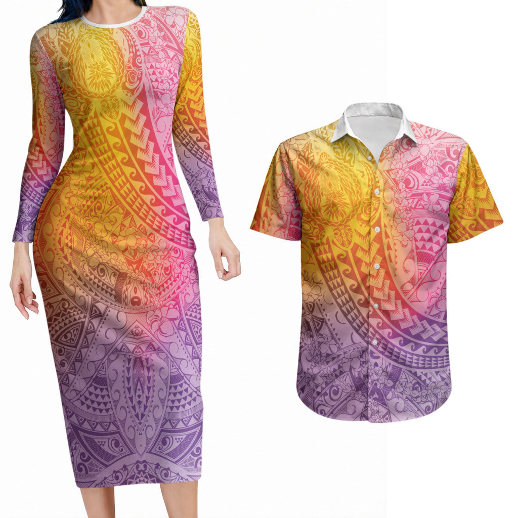 Hawaiian Turtles and Leis Couples Matching Long Sleeve Bodycon Dress and Hawaiian Shirt Tribal Kakau Pattern Magical Rainbow Sky LT03 Multicolor - Polynesian Pride