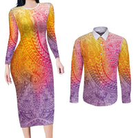 Hawaiian Turtles and Leis Couples Matching Long Sleeve Bodycon Dress and Long Sleeve Button Shirt Tribal Kakau Pattern Magical Rainbow Sky LT03 Multicolor - Polynesian Pride