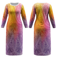 Hawaiian Turtles and Leis Couples Matching Long Sleeve Bodycon Dress and Long Sleeve Button Shirt Tribal Kakau Pattern Magical Rainbow Sky LT03 - Polynesian Pride