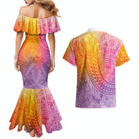 Hawaiian Turtles and Leis Couples Matching Mermaid Dress and Hawaiian Shirt Tribal Kakau Pattern Magical Rainbow Sky LT03 - Polynesian Pride