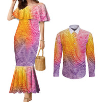 Hawaiian Turtles and Leis Couples Matching Mermaid Dress and Long Sleeve Button Shirt Tribal Kakau Pattern Magical Rainbow Sky LT03 Multicolor - Polynesian Pride