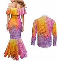 Hawaiian Turtles and Leis Couples Matching Mermaid Dress and Long Sleeve Button Shirt Tribal Kakau Pattern Magical Rainbow Sky LT03 - Polynesian Pride