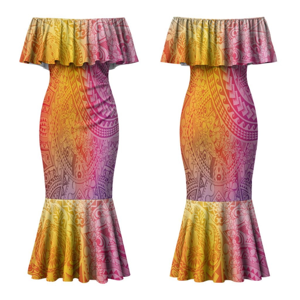 Hawaiian Turtles and Leis Couples Matching Mermaid Dress and Long Sleeve Button Shirt Tribal Kakau Pattern Magical Rainbow Sky LT03 - Polynesian Pride
