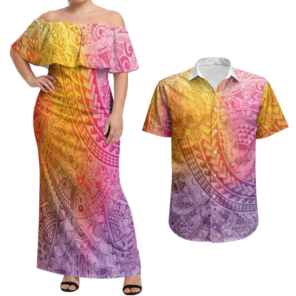 Hawaiian Turtles and Leis Couples Matching Off Shoulder Maxi Dress and Hawaiian Shirt Tribal Kakau Pattern Magical Rainbow Sky LT03 Multicolor - Polynesian Pride