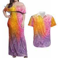 Hawaiian Turtles and Leis Couples Matching Off Shoulder Maxi Dress and Hawaiian Shirt Tribal Kakau Pattern Magical Rainbow Sky LT03 Multicolor - Polynesian Pride