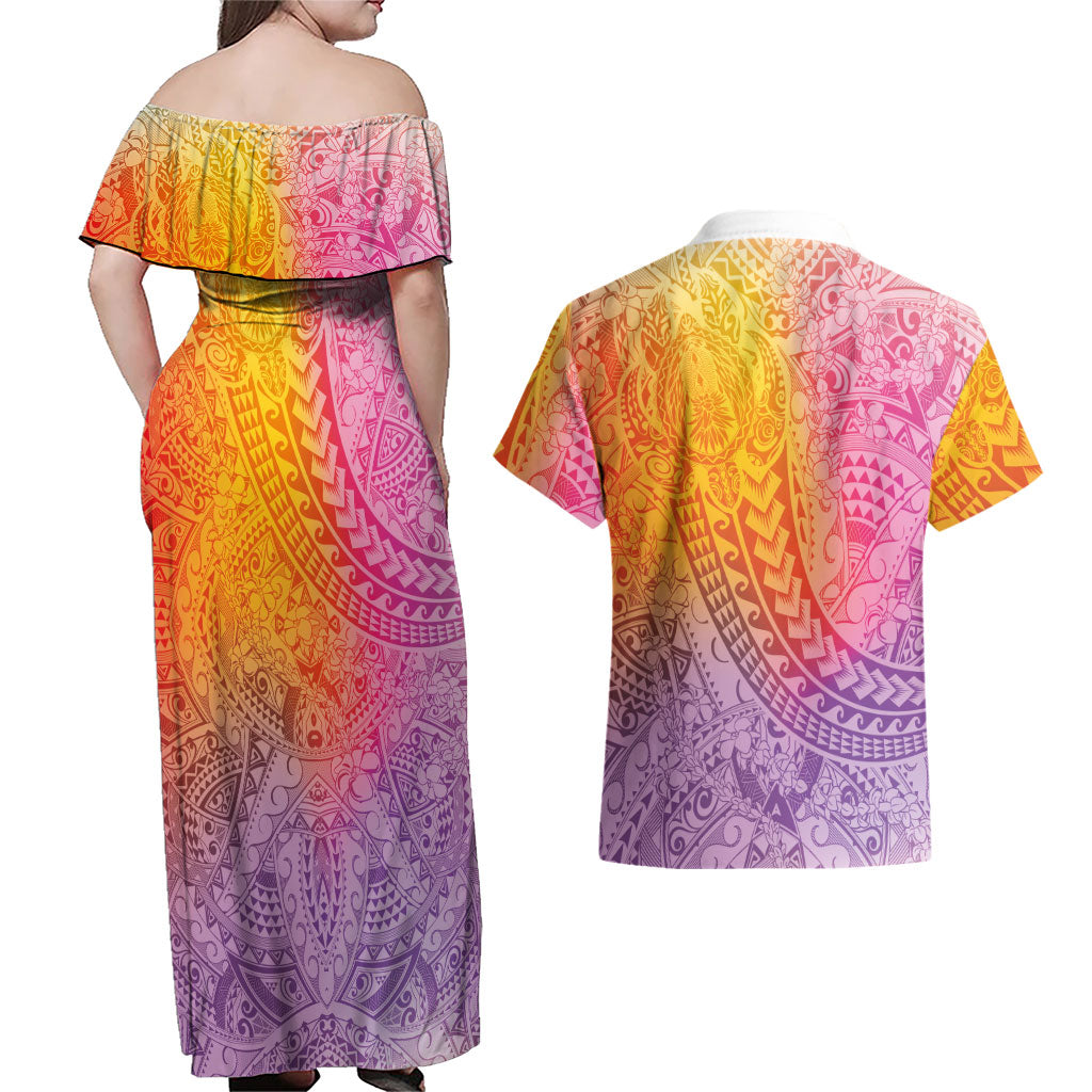 Hawaiian Turtles and Leis Couples Matching Off Shoulder Maxi Dress and Hawaiian Shirt Tribal Kakau Pattern Magical Rainbow Sky LT03 - Polynesian Pride