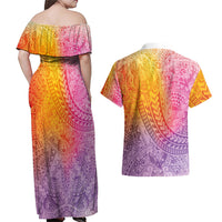 Hawaiian Turtles and Leis Couples Matching Off Shoulder Maxi Dress and Hawaiian Shirt Tribal Kakau Pattern Magical Rainbow Sky LT03 - Polynesian Pride