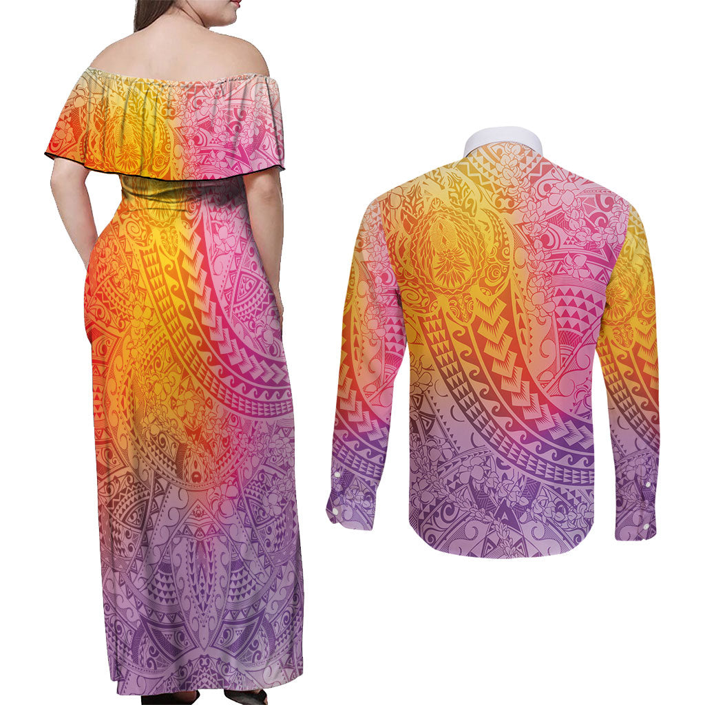 Hawaiian Turtles and Leis Couples Matching Off Shoulder Maxi Dress and Long Sleeve Button Shirt Tribal Kakau Pattern Magical Rainbow Sky LT03 - Polynesian Pride
