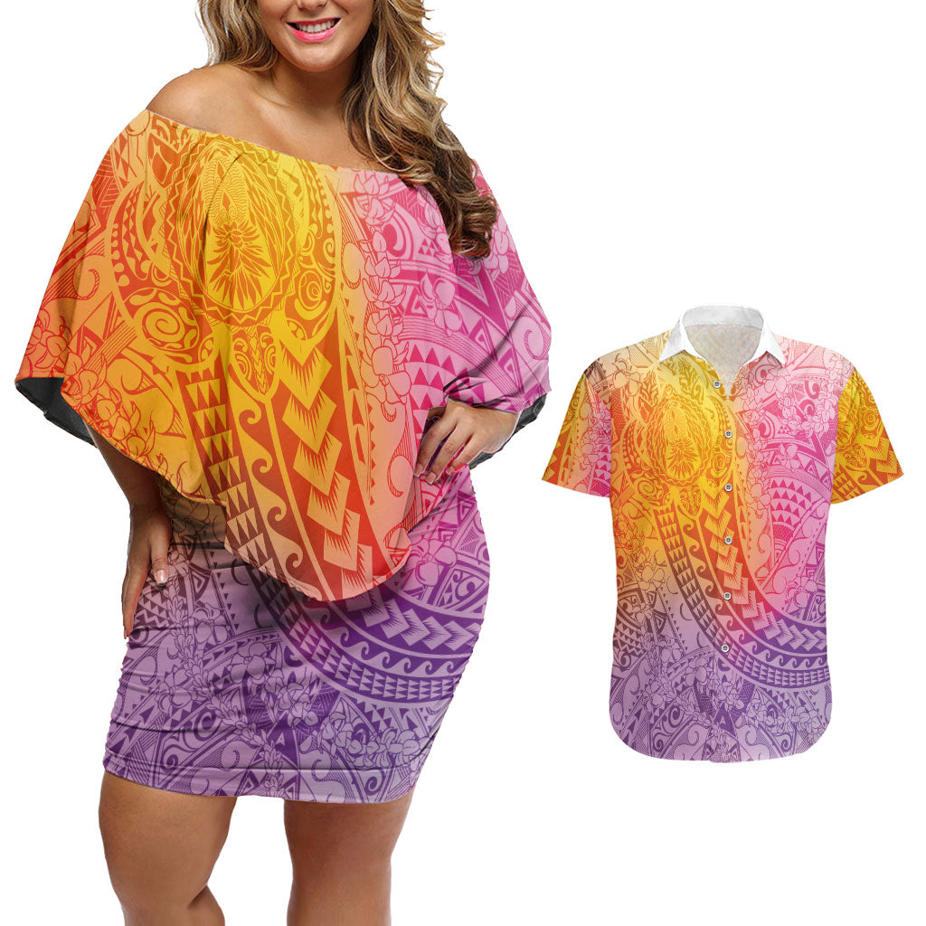 Hawaiian Turtles and Leis Couples Matching Off Shoulder Short Dress and Hawaiian Shirt Tribal Kakau Pattern Magical Rainbow Sky LT03 Multicolor - Polynesian Pride
