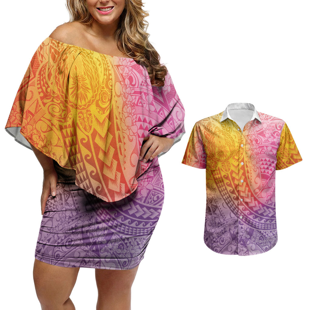 Hawaiian Turtles and Leis Couples Matching Off Shoulder Short Dress and Hawaiian Shirt Tribal Kakau Pattern Magical Rainbow Sky LT03 Multicolor - Polynesian Pride