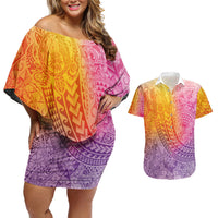 Hawaiian Turtles and Leis Couples Matching Off Shoulder Short Dress and Hawaiian Shirt Tribal Kakau Pattern Magical Rainbow Sky LT03 Multicolor - Polynesian Pride
