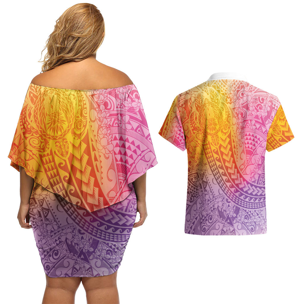 Hawaiian Turtles and Leis Couples Matching Off Shoulder Short Dress and Hawaiian Shirt Tribal Kakau Pattern Magical Rainbow Sky LT03 - Polynesian Pride