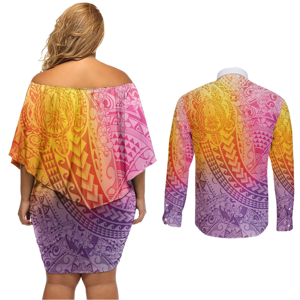 Hawaiian Turtles and Leis Couples Matching Off Shoulder Short Dress and Long Sleeve Button Shirt Tribal Kakau Pattern Magical Rainbow Sky LT03 - Polynesian Pride