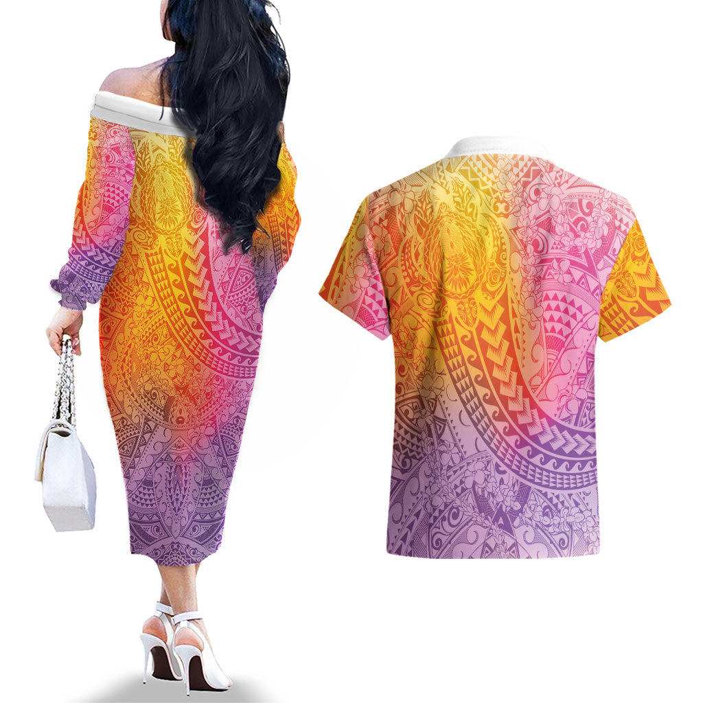 Hawaiian Turtles and Leis Couples Matching Off The Shoulder Long Sleeve Dress and Hawaiian Shirt Tribal Kakau Pattern Magical Rainbow Sky LT03 - Polynesian Pride