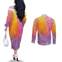 Hawaiian Turtles and Leis Couples Matching Off The Shoulder Long Sleeve Dress and Long Sleeve Button Shirt Tribal Kakau Pattern Magical Rainbow Sky LT03 - Polynesian Pride