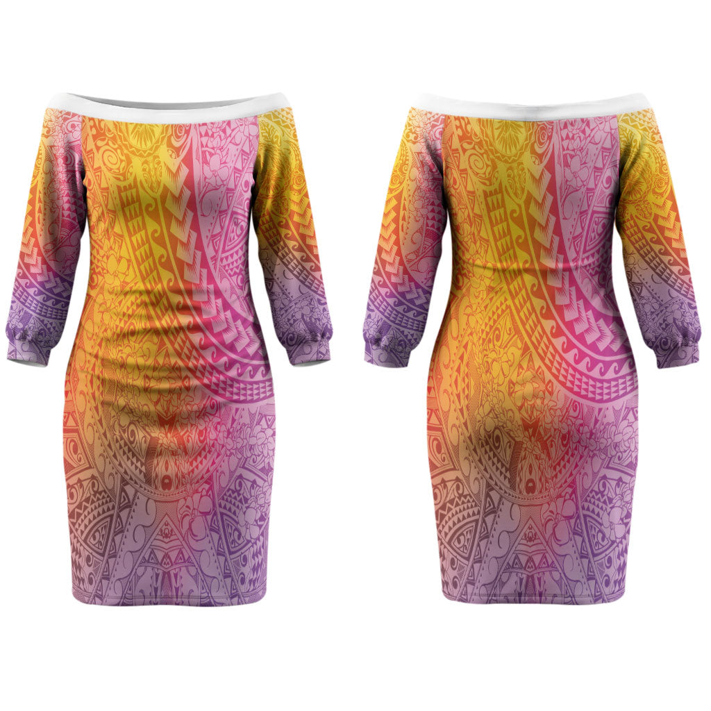 Hawaiian Turtles and Leis Couples Matching Off The Shoulder Long Sleeve Dress and Long Sleeve Button Shirt Tribal Kakau Pattern Magical Rainbow Sky LT03 - Polynesian Pride