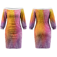 Hawaiian Turtles and Leis Couples Matching Off The Shoulder Long Sleeve Dress and Long Sleeve Button Shirt Tribal Kakau Pattern Magical Rainbow Sky LT03 - Polynesian Pride