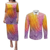 Hawaiian Turtles and Leis Couples Matching Puletasi and Long Sleeve Button Shirt Tribal Kakau Pattern Magical Rainbow Sky LT03 Multicolor - Polynesian Pride