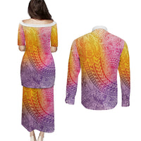 Hawaiian Turtles and Leis Couples Matching Puletasi and Long Sleeve Button Shirt Tribal Kakau Pattern Magical Rainbow Sky LT03 - Polynesian Pride