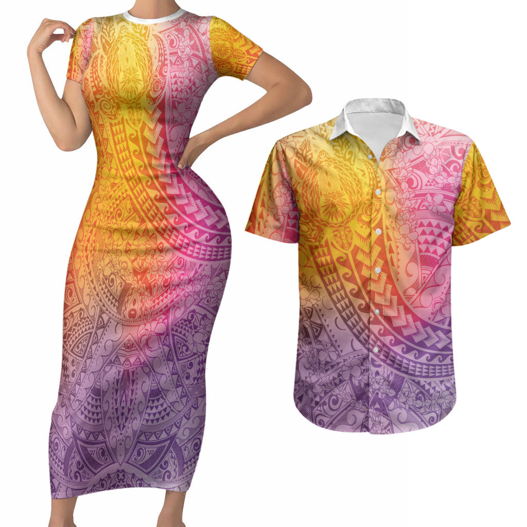 Hawaiian Turtles and Leis Couples Matching Short Sleeve Bodycon Dress and Hawaiian Shirt Tribal Kakau Pattern Magical Rainbow Sky LT03 Multicolor - Polynesian Pride