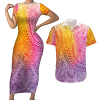 Hawaiian Turtles and Leis Couples Matching Short Sleeve Bodycon Dress and Hawaiian Shirt Tribal Kakau Pattern Magical Rainbow Sky LT03 Multicolor - Polynesian Pride